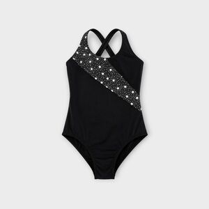 Girls' Black One-Piece Swimsuit with Star Diagonal Accent